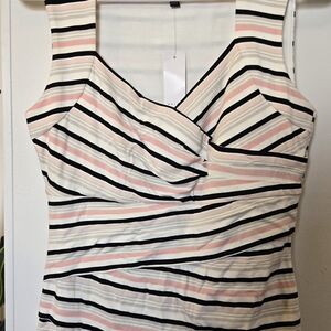 White House Black Market Pink, Black & White Striped V-Neck Camisole